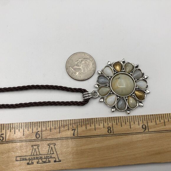 Cookie Lee Necklace Neutral Glass Stones Flower Pendant Brown Satin Cable Choker - Picture 6 of 6